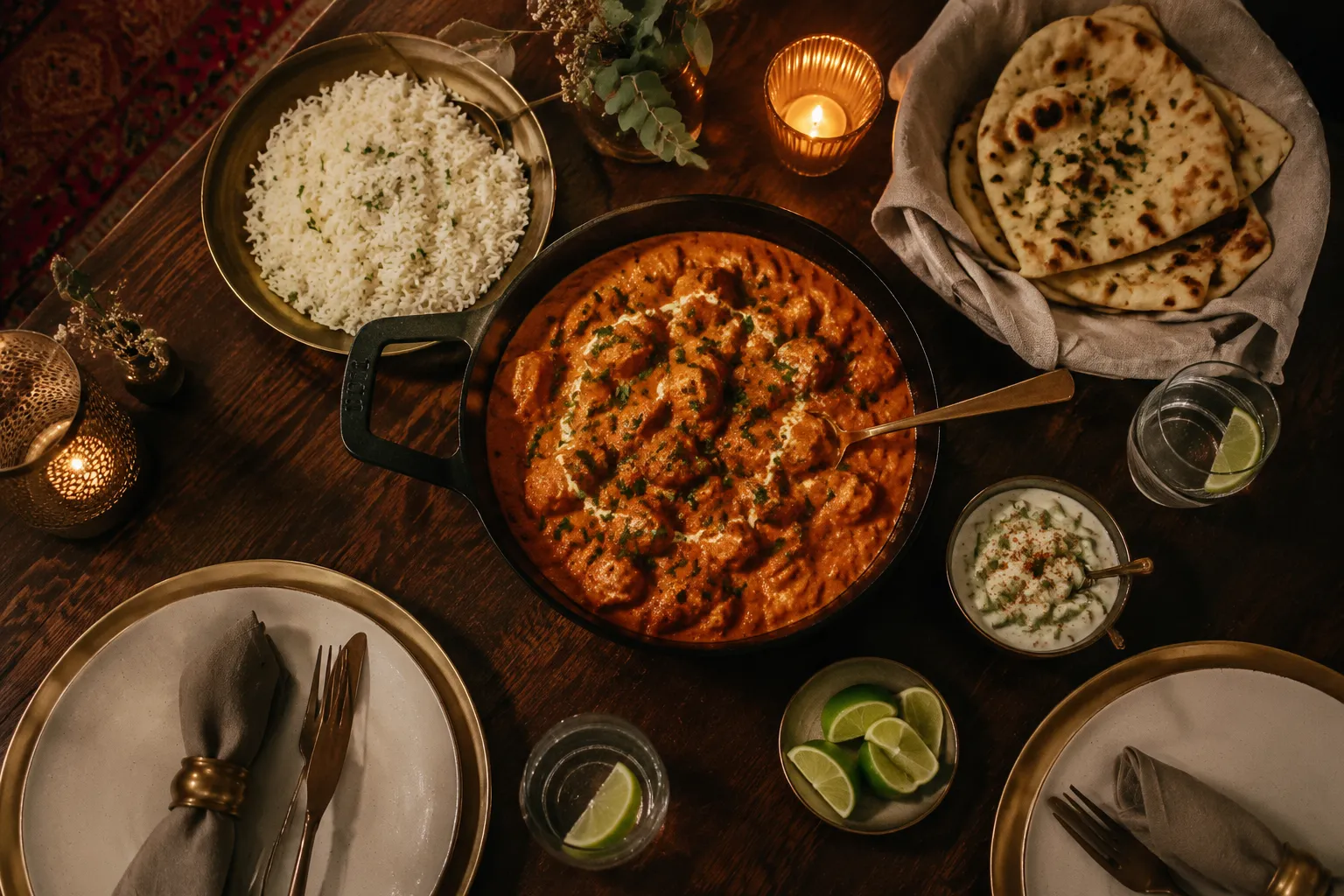 Tikka masala served family-style with rice, naan, and raita