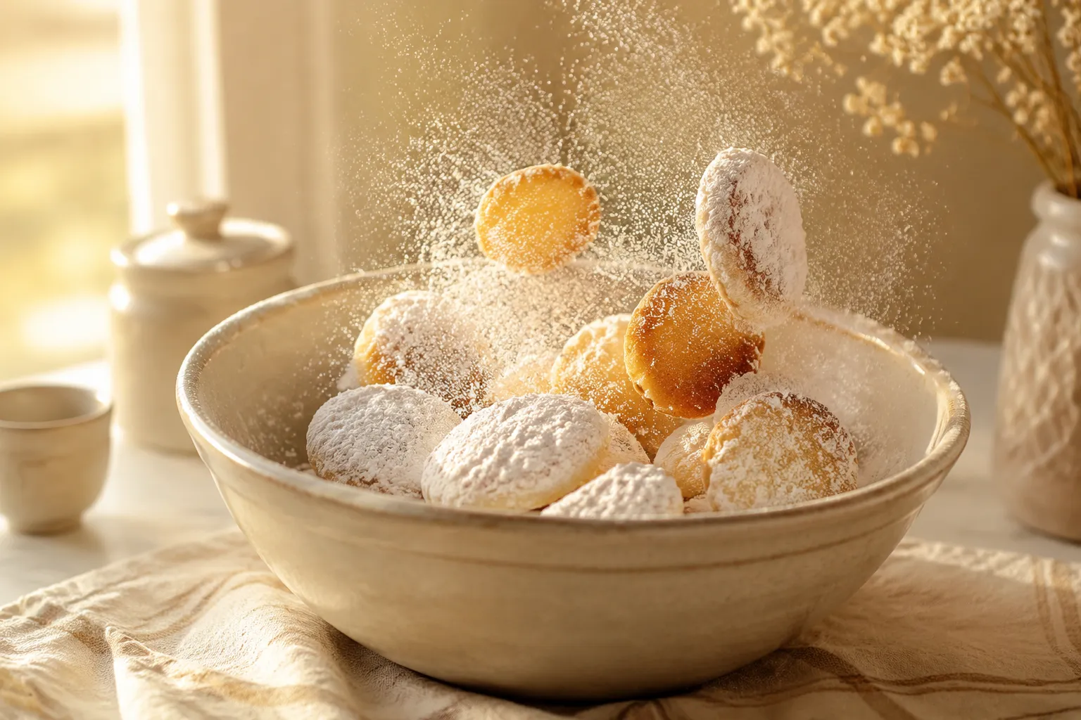 Tossing warm Italian wedding cookies in powdered sugar