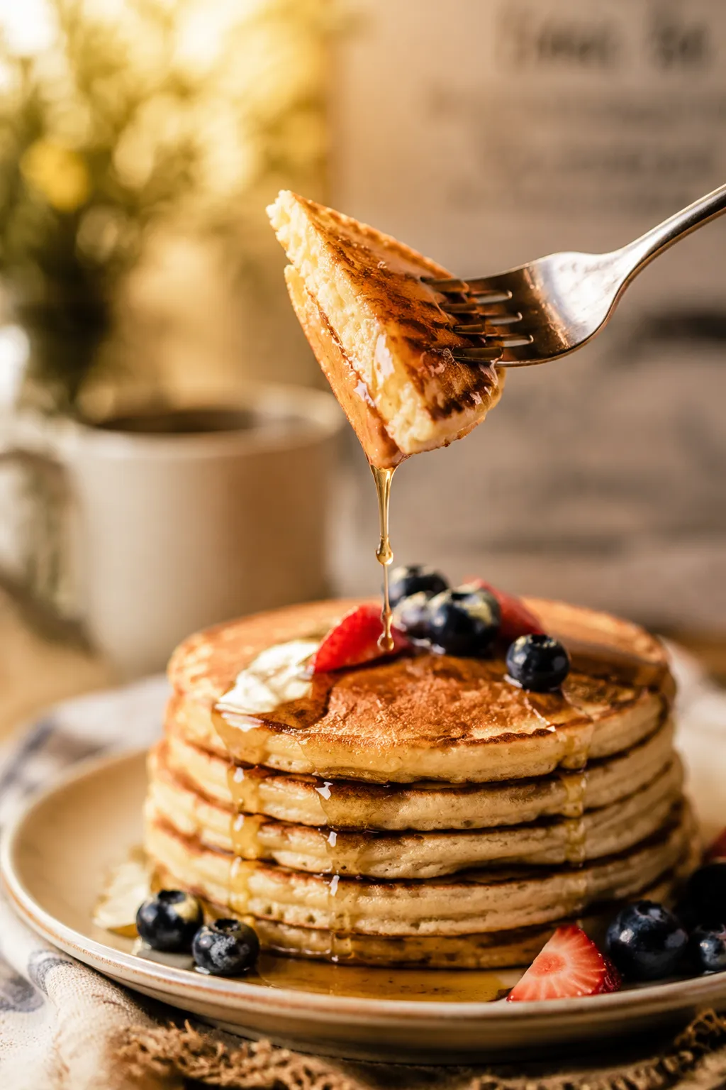 Fork lifting a bite of gluten free pancake with dripping syrup