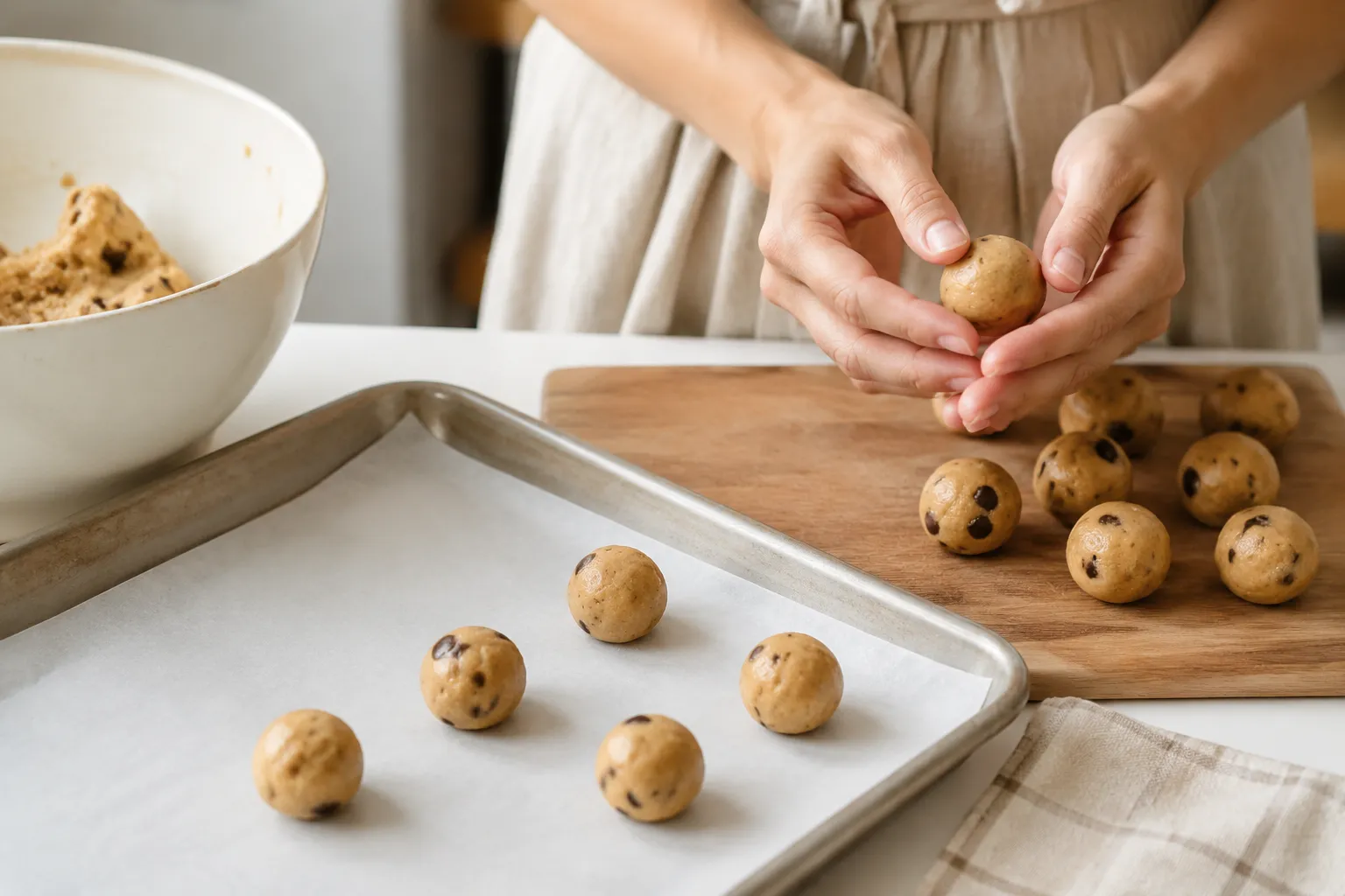 Rolling Italian wedding cookies dough into balls before baking