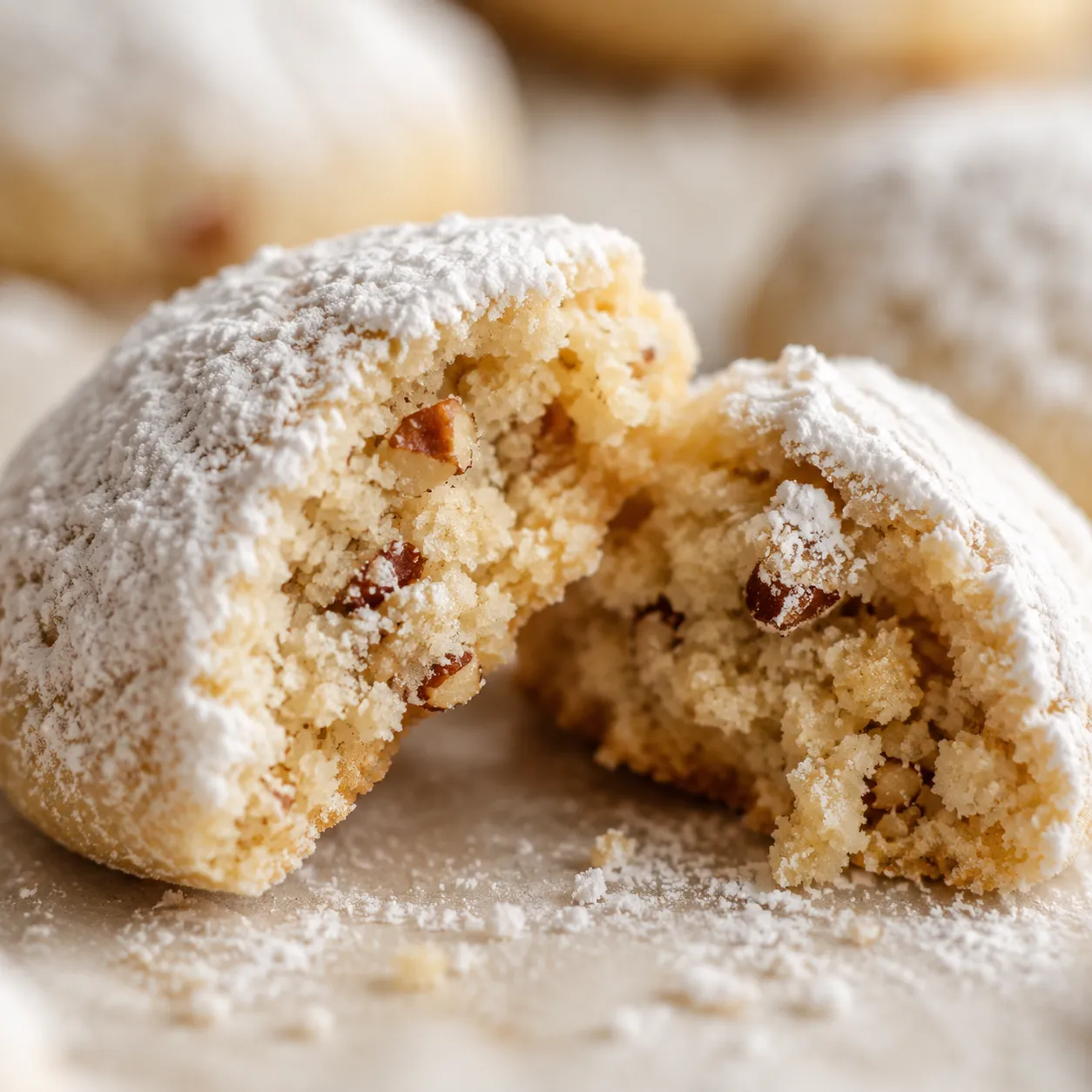 Close-up of Italian wedding cookie split open showing buttery pecan crumb