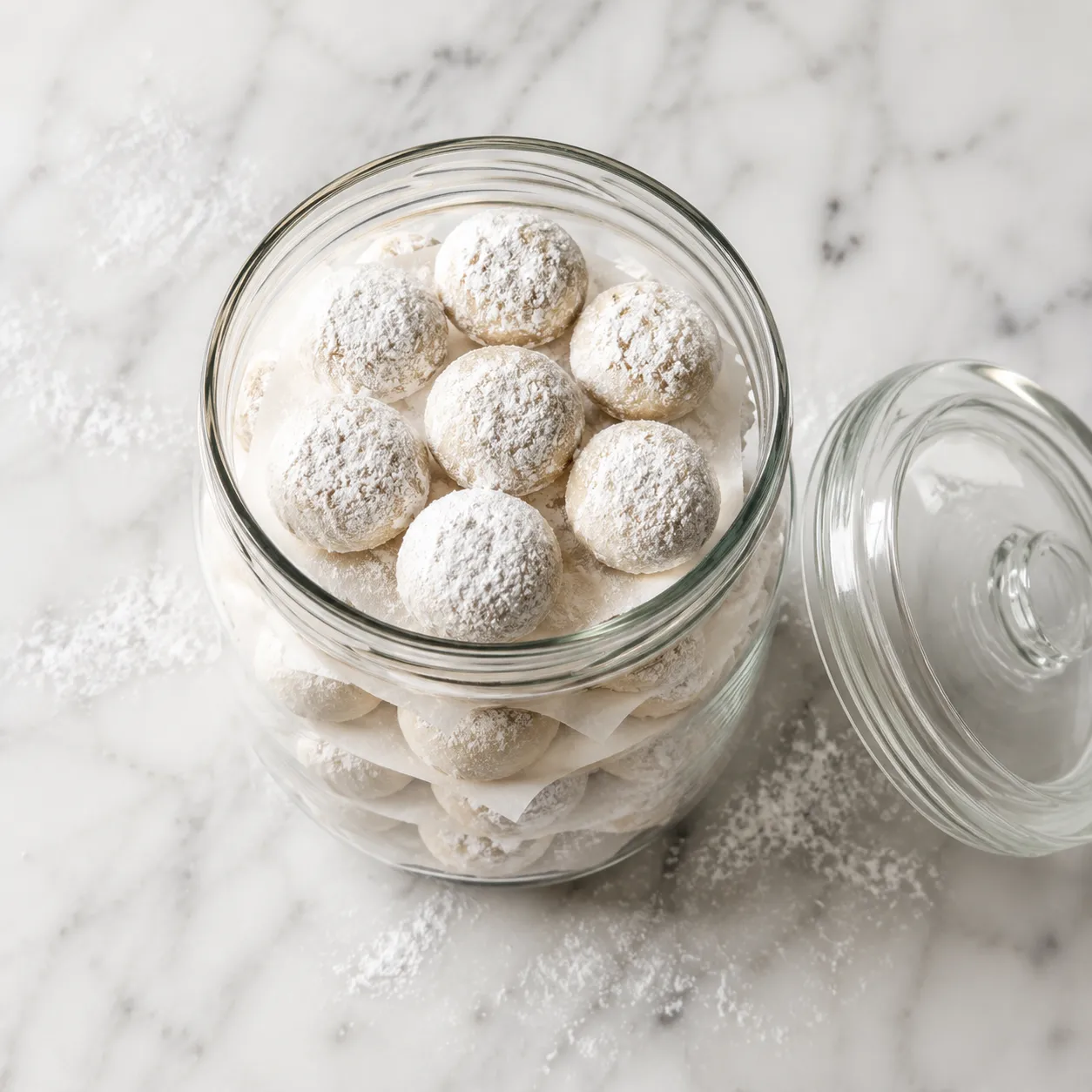 Storing Italian wedding cookies in a glass jar with parchment layers