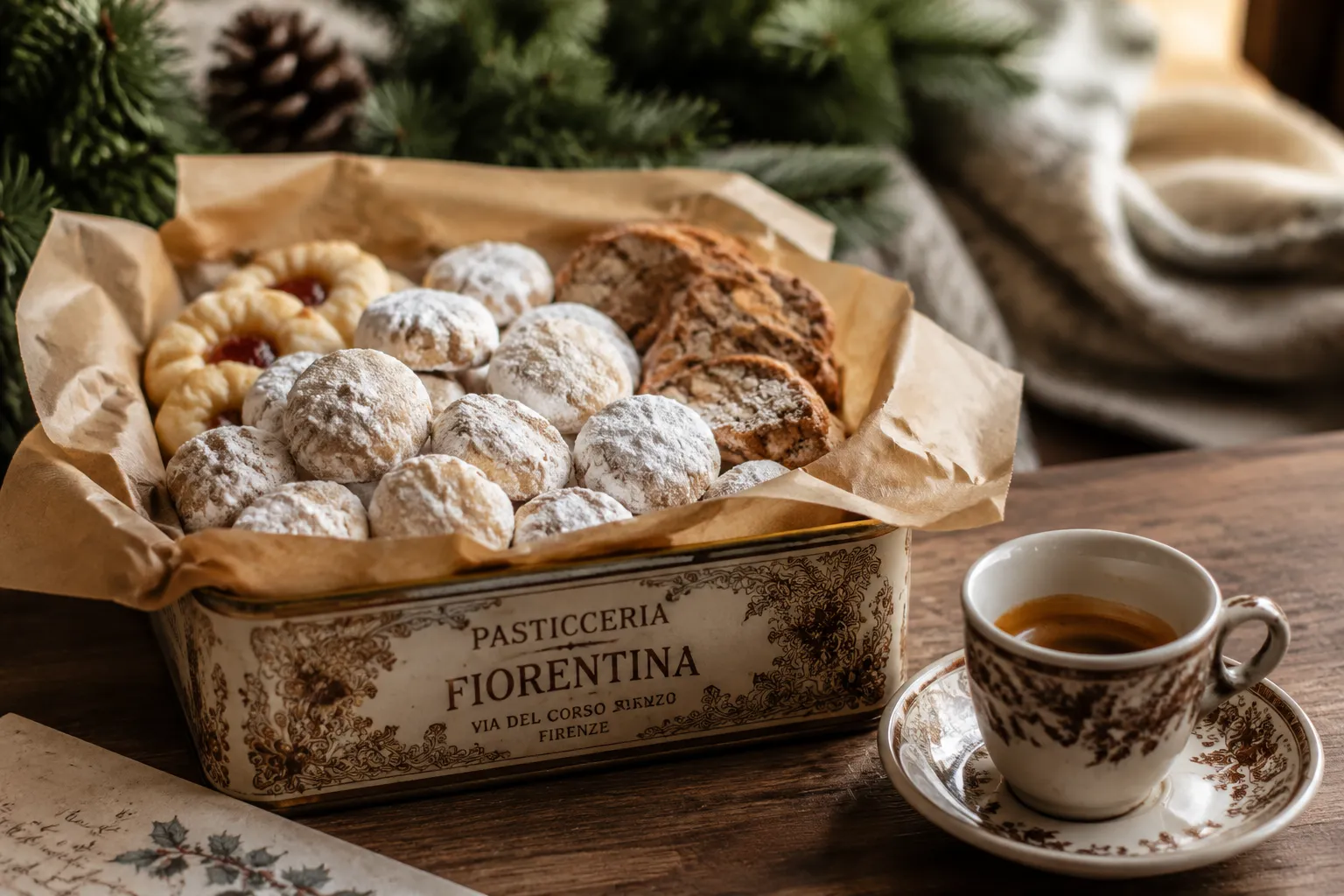 Italian wedding cookies on a holiday cookie tray with espresso