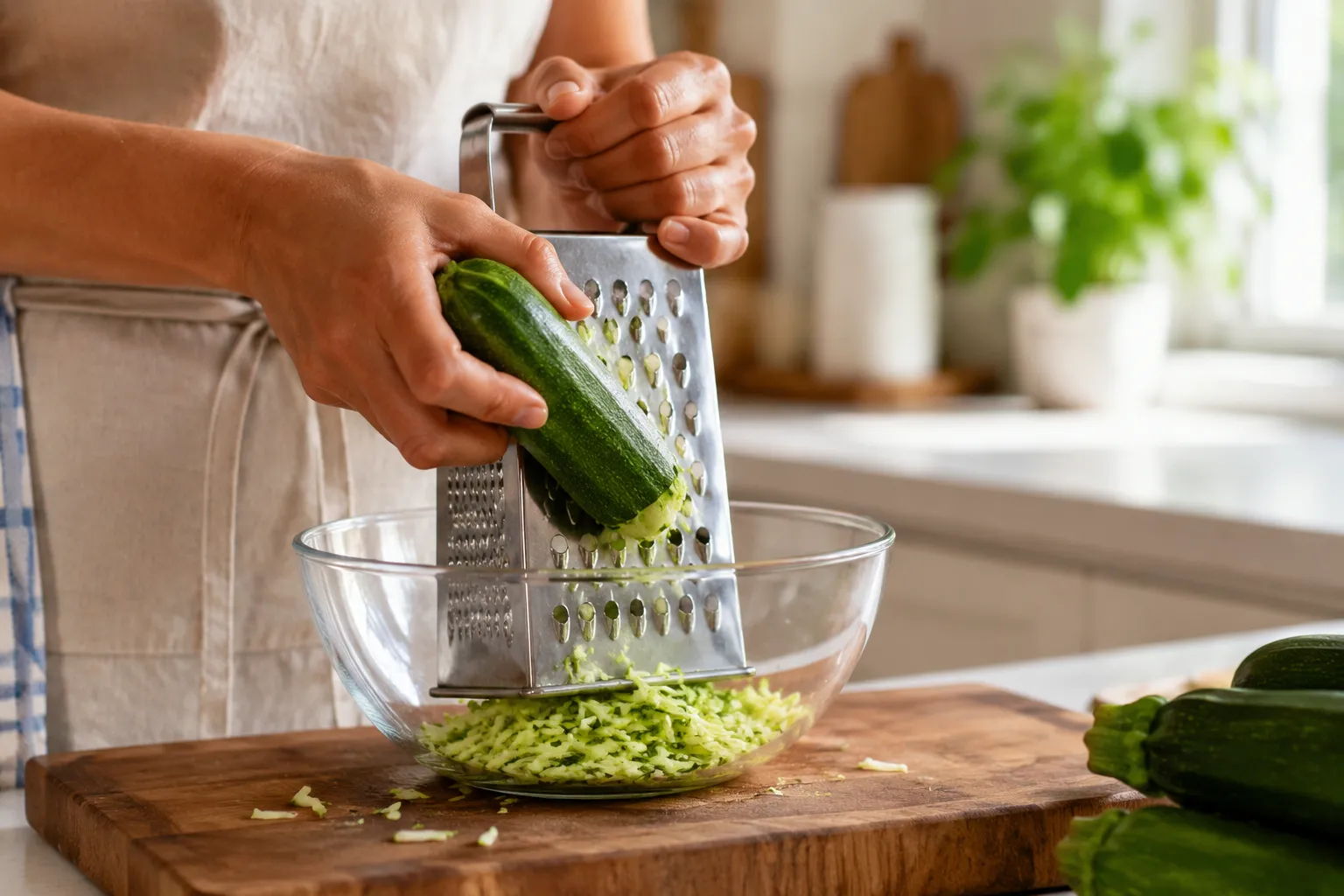Shredding fresh zucchini on a box grater for chocolate zucchini muffins