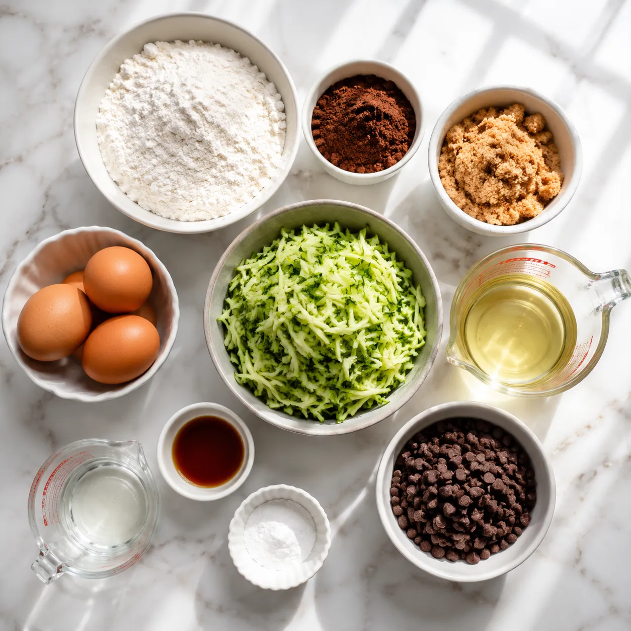 Ingredients flatlay for chocolate zucchini muffins including shredded zucchini and cocoa