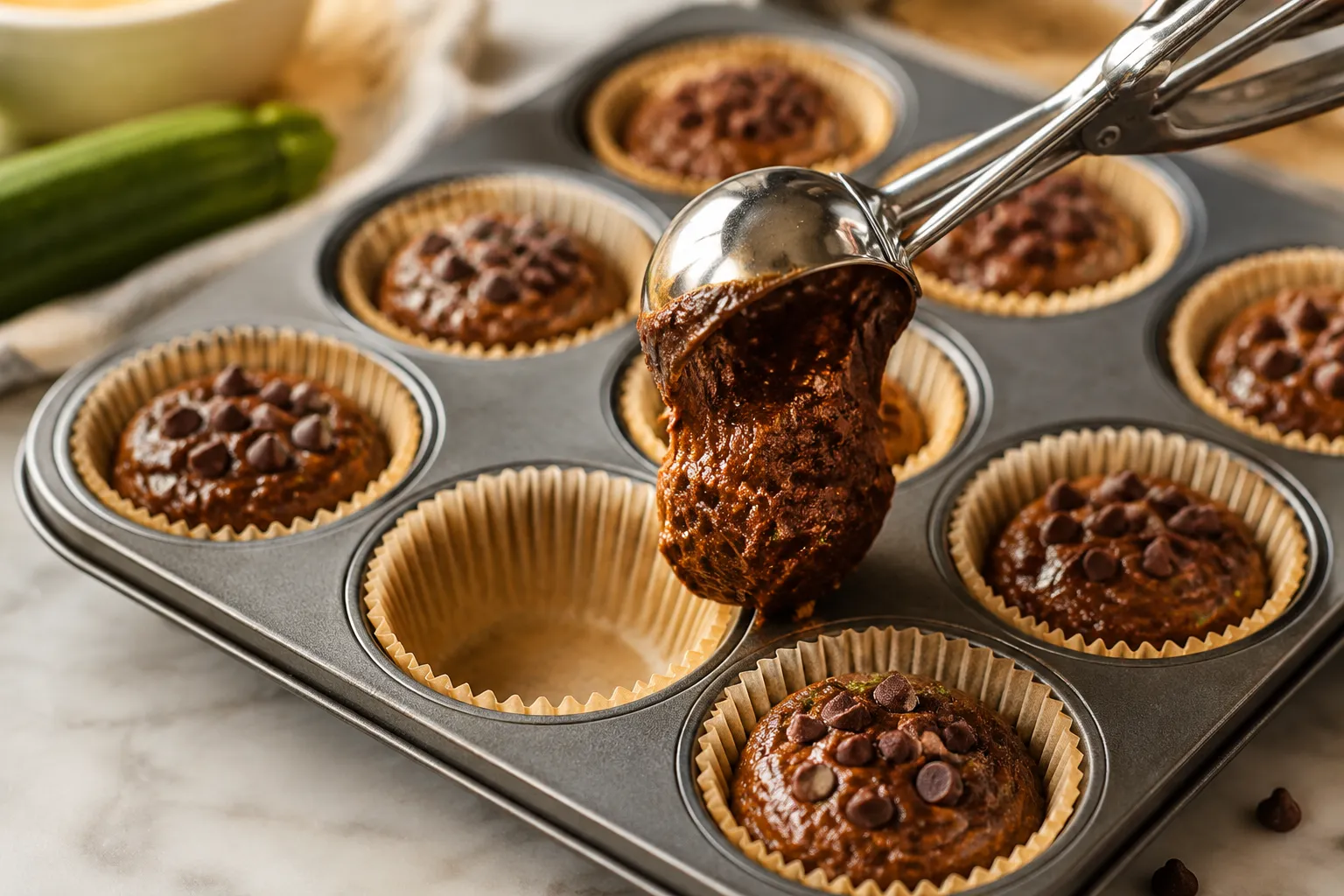 Scooping chocolate zucchini muffin batter into a lined muffin pan