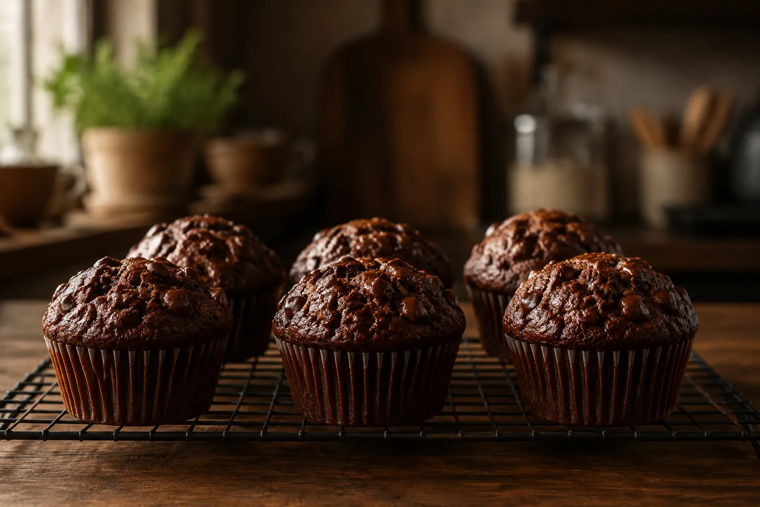 Bakery-style chocolate zucchini muffins cooling on a wire rack