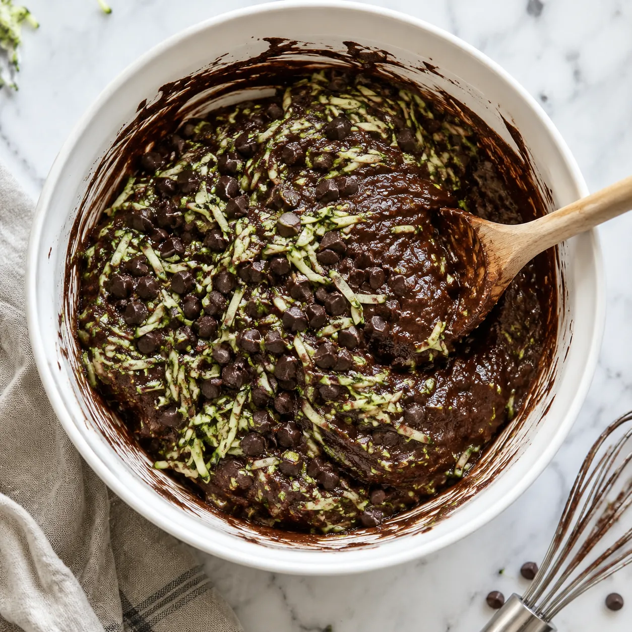 Folding shredded zucchini and chocolate chips into chocolate muffin batter