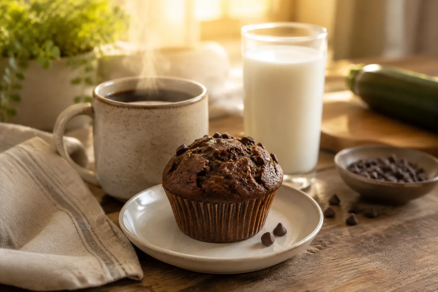 Chocolate zucchini muffin served with coffee and milk for breakfast