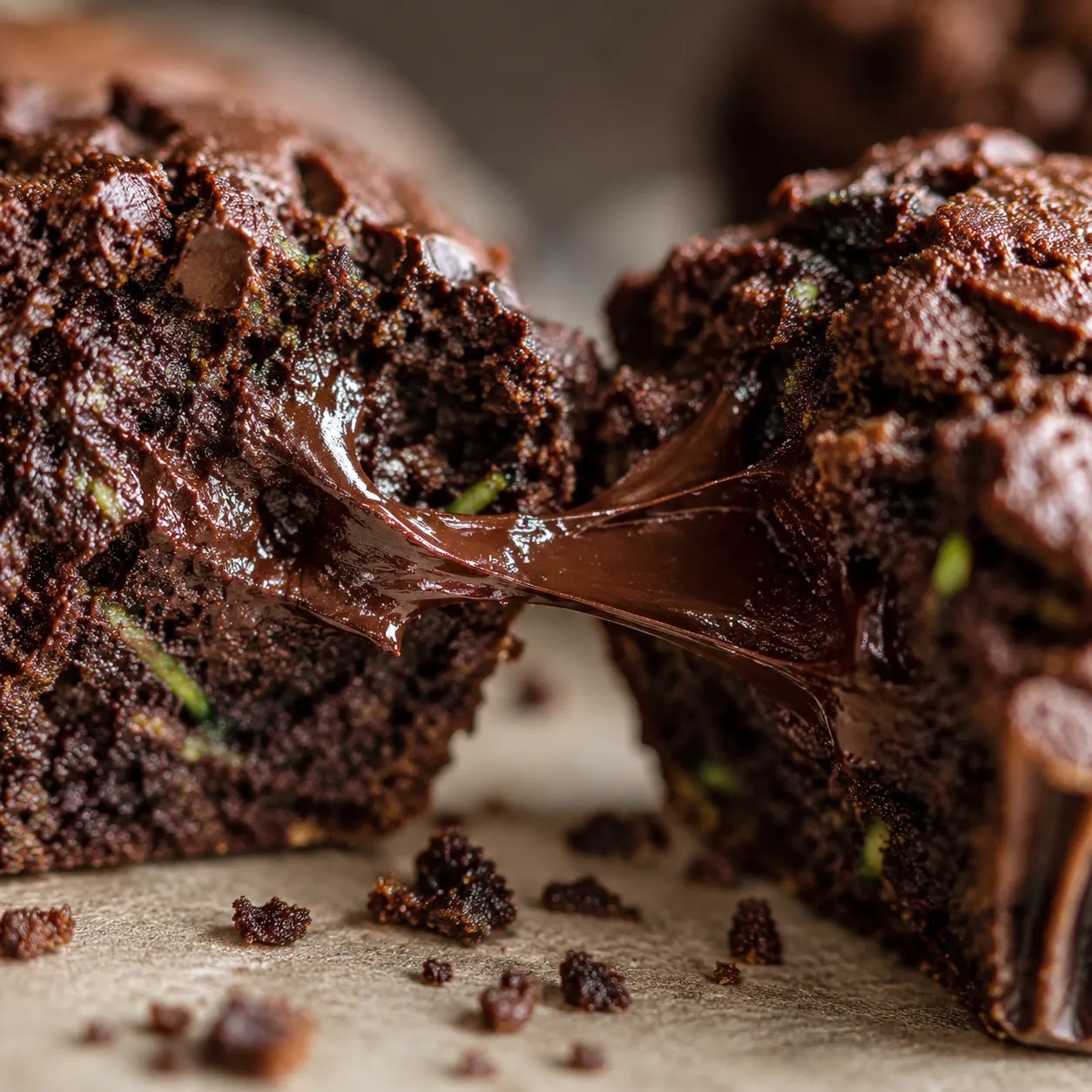 Macro close-up of fudgy chocolate zucchini muffin crumb with melted chocolate chips