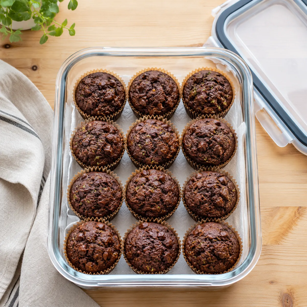 Storing chocolate zucchini muffins in an airtight container to keep fresh
