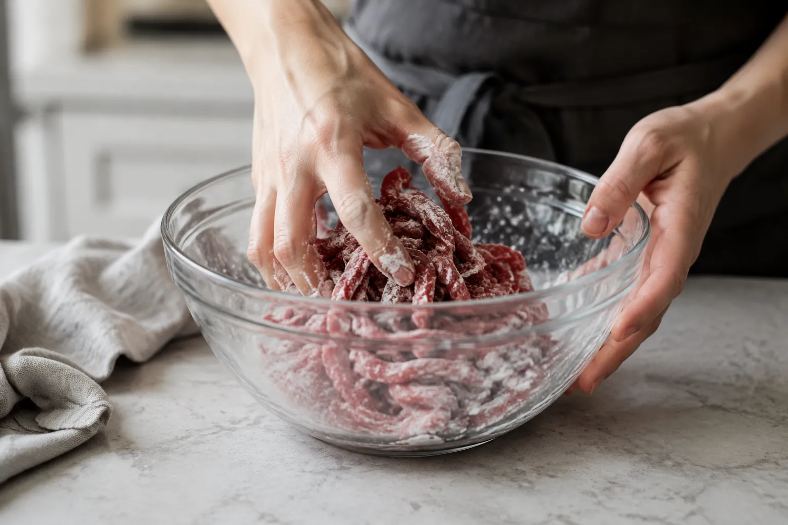 Coating sliced flank steak in cornstarch for crispy Beijing beef