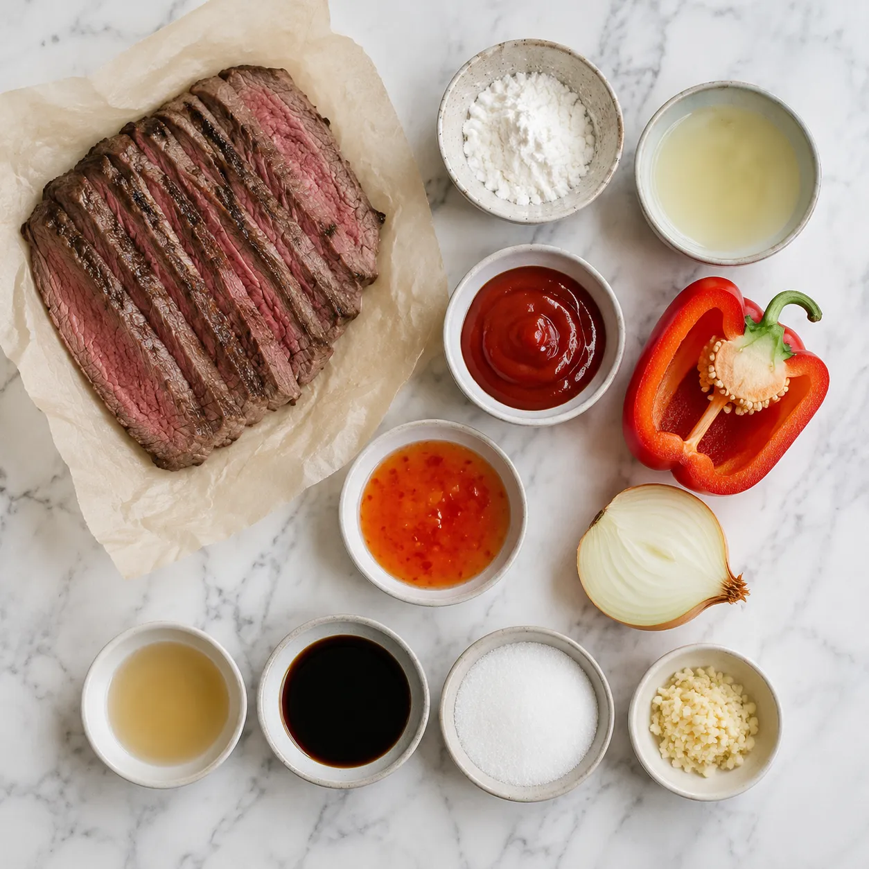 Beijing beef ingredients flatlay with flank steak, cornstarch, and red sauce components