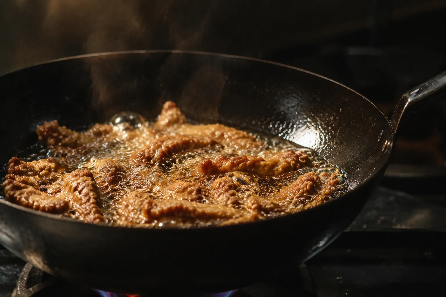 Frying crispy beef strips in a wok for Beijing beef