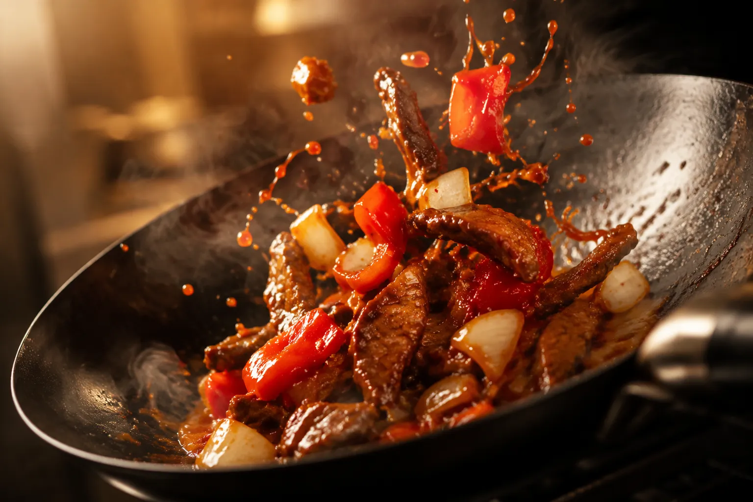 Tossing Beijing beef with bell peppers and onions in sticky red sauce