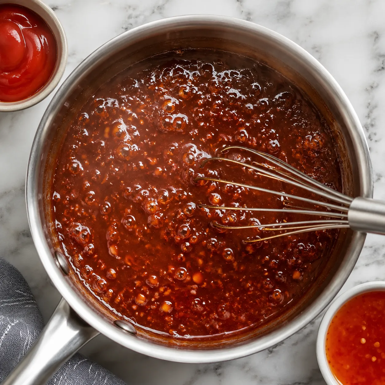 Sweet and tangy Beijing beef sauce simmering in a saucepan