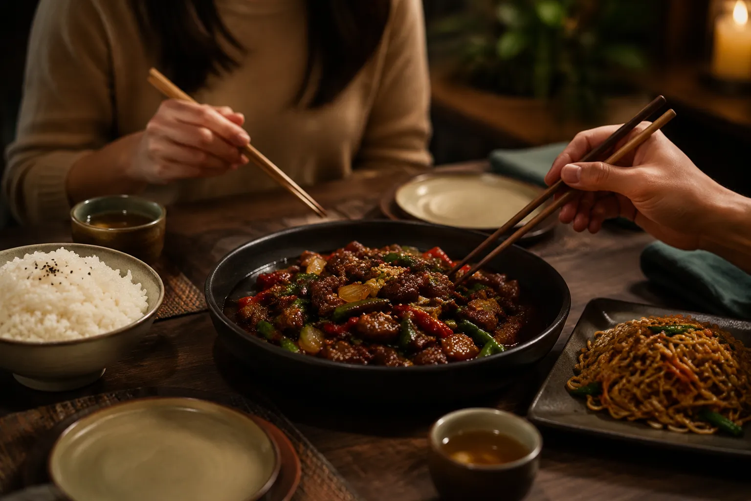 Beijing beef served family-style with rice and chow mein