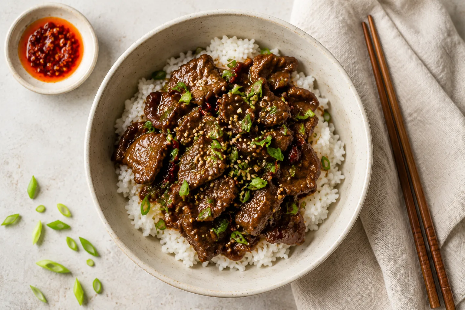 Plated Beijing beef over jasmine rice with scallions and sesame seeds
