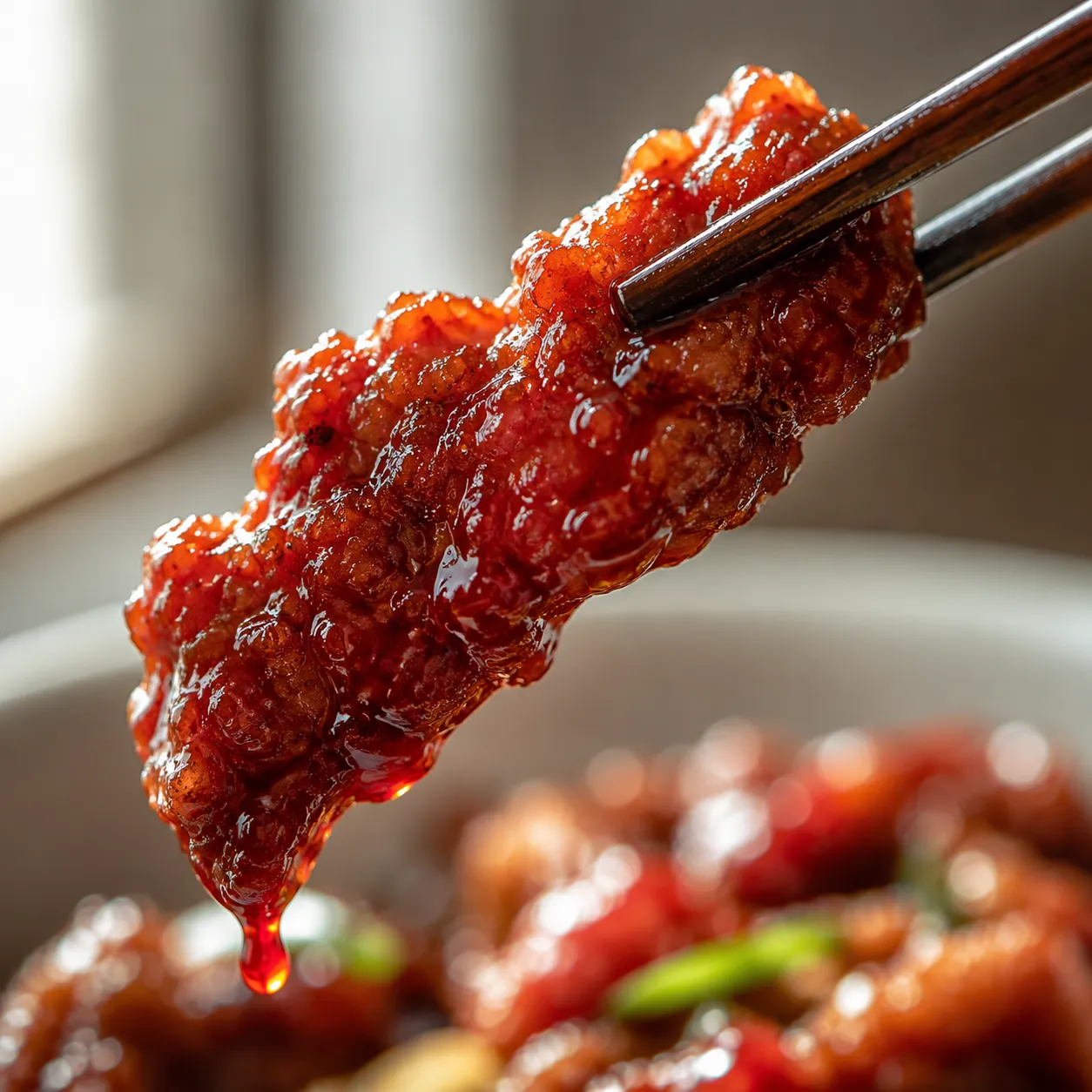 Close-up of crispy Beijing beef strip dripping with sweet and tangy sauce