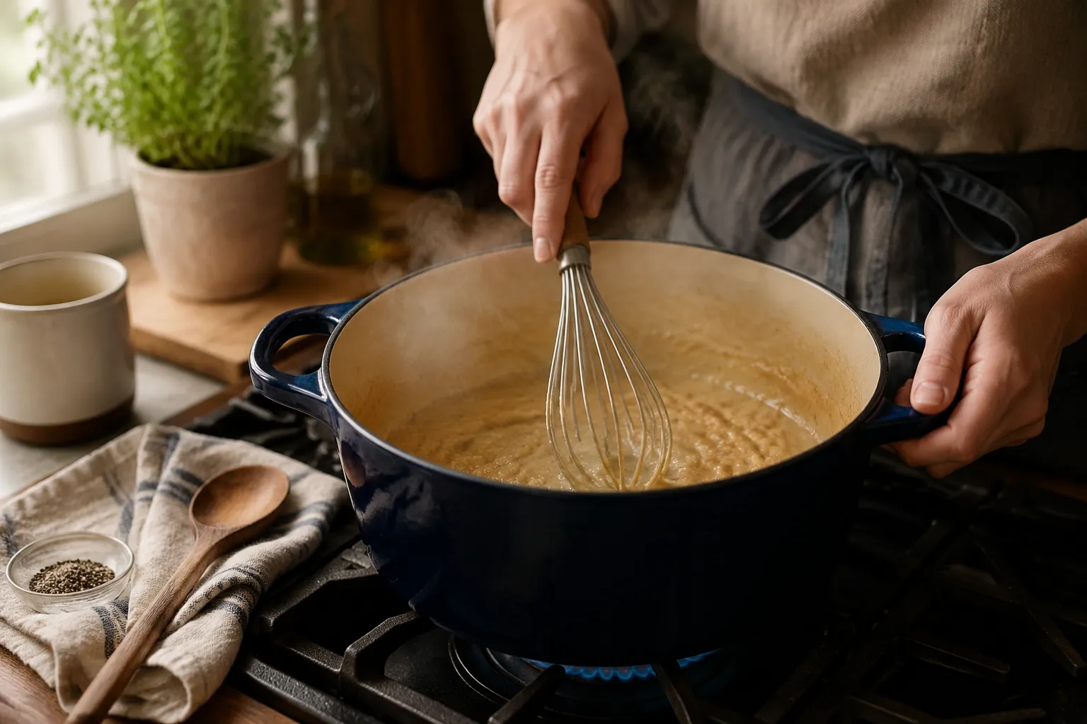 Whisking a butter and flour roux for copycat Panera broccoli cheddar soup