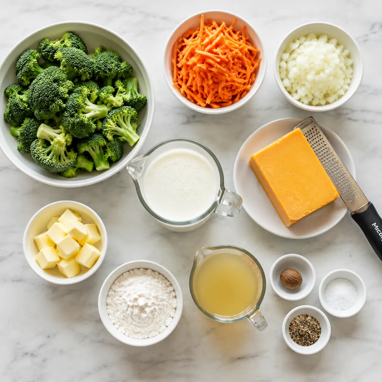 Ingredients for Panera bread broccoli cheddar soup recipe arranged on a marble countertop
