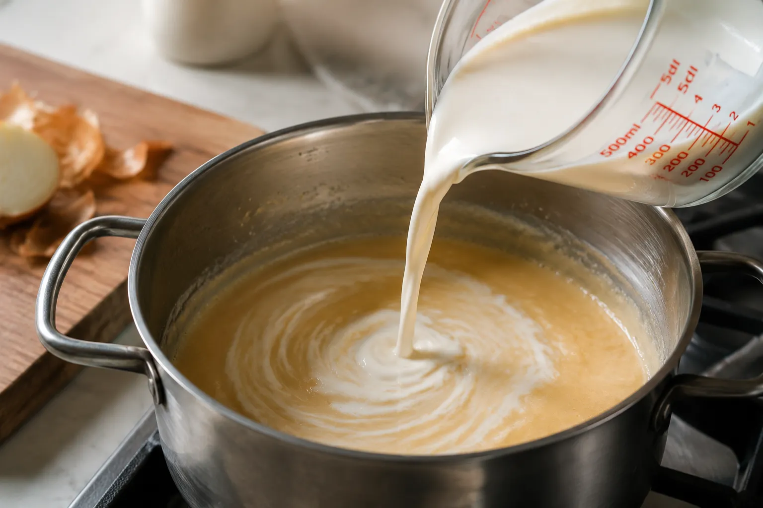 Pouring half-and-half into the pot to make creamy broccoli cheddar soup