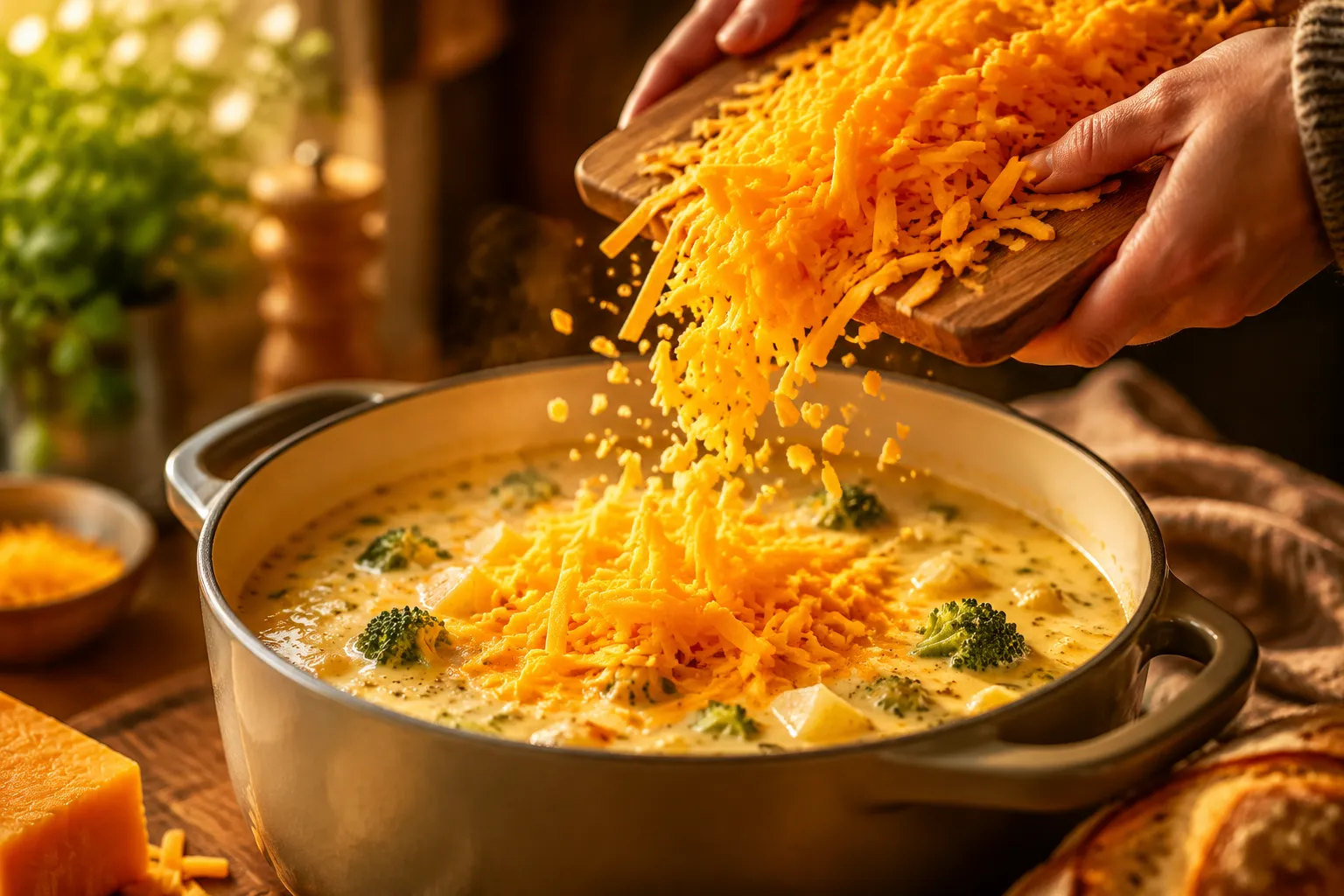 Adding freshly shredded sharp cheddar cheese to copycat Panera broccoli cheddar soup