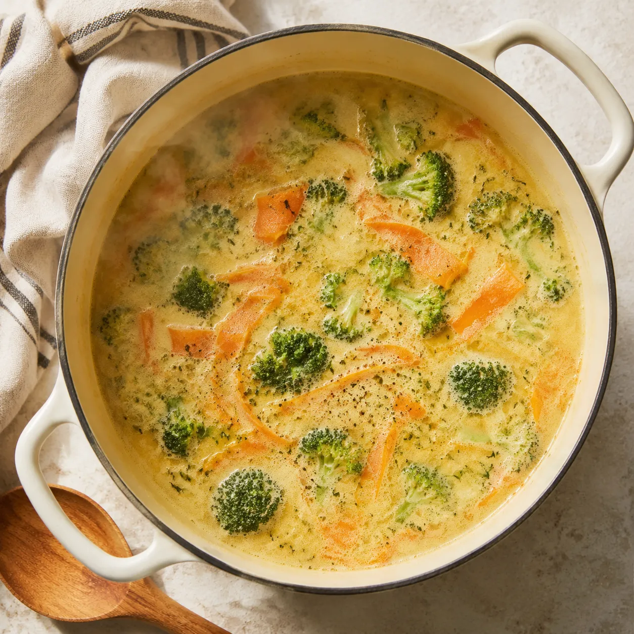 Fresh broccoli and carrots simmering in the panera broccoli cheese soup recipe base
