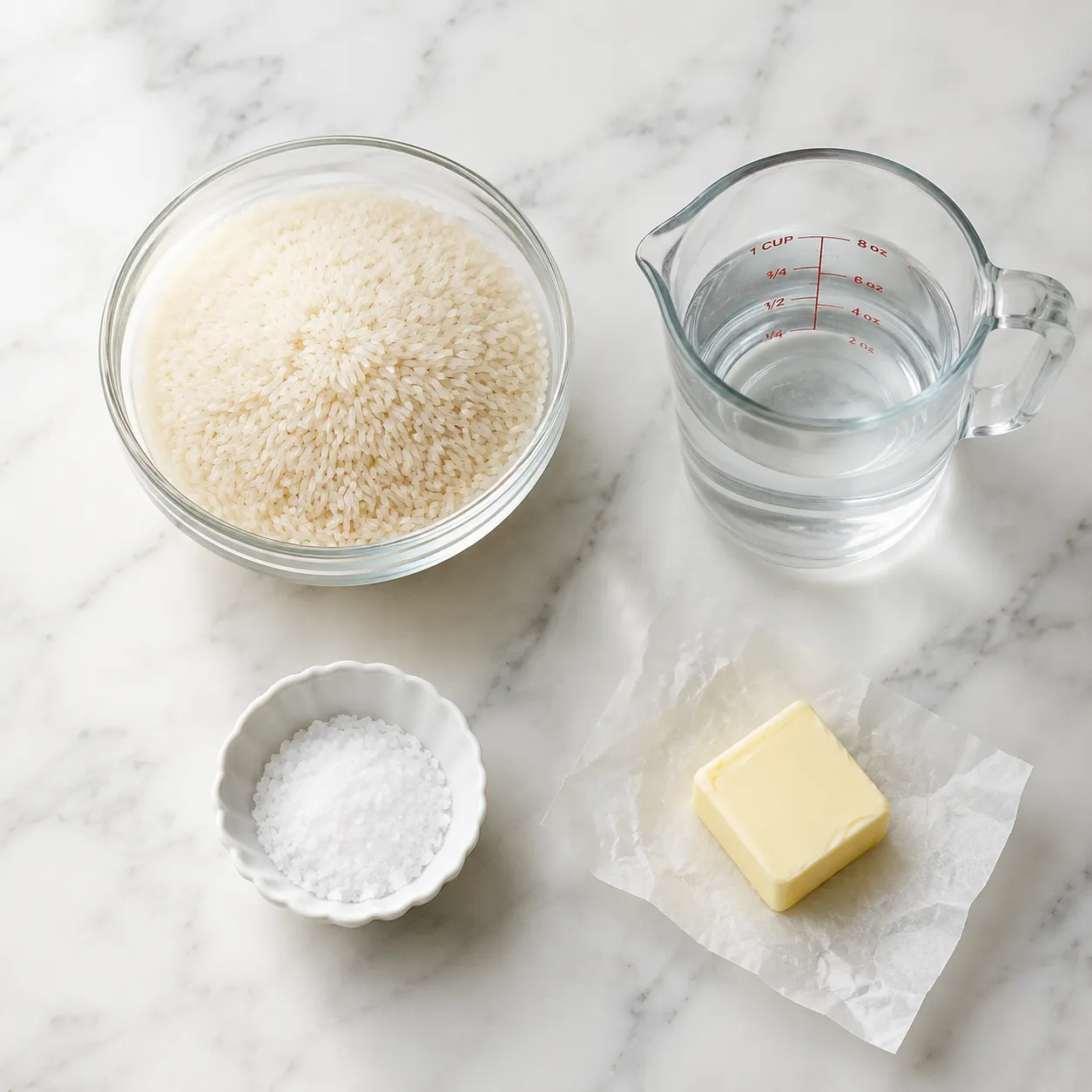 White rice recipe ingredients flatlay with rice, water, salt, and butter