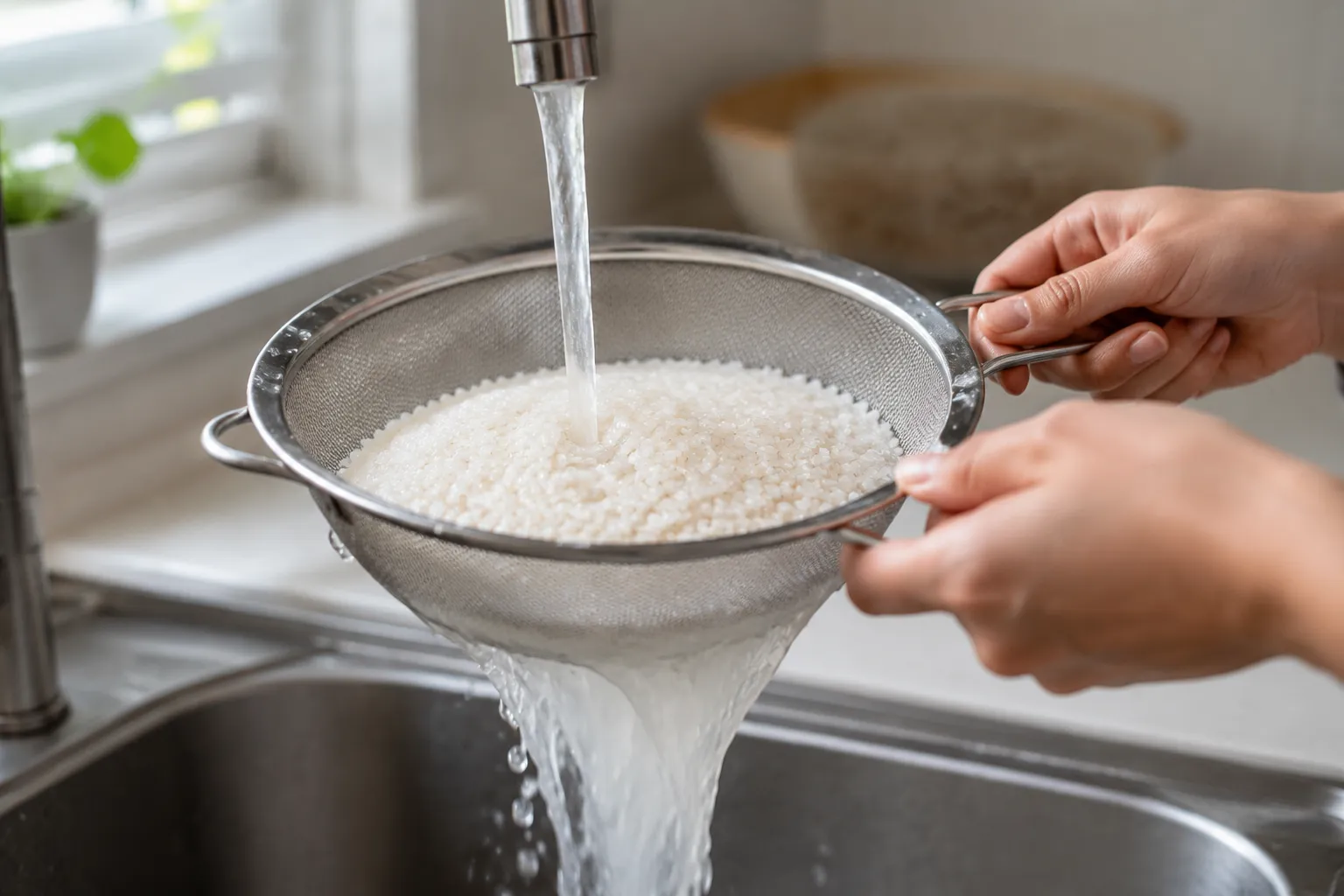 Rinsing white rice in a fine-mesh strainer for fluffy white rice preparation