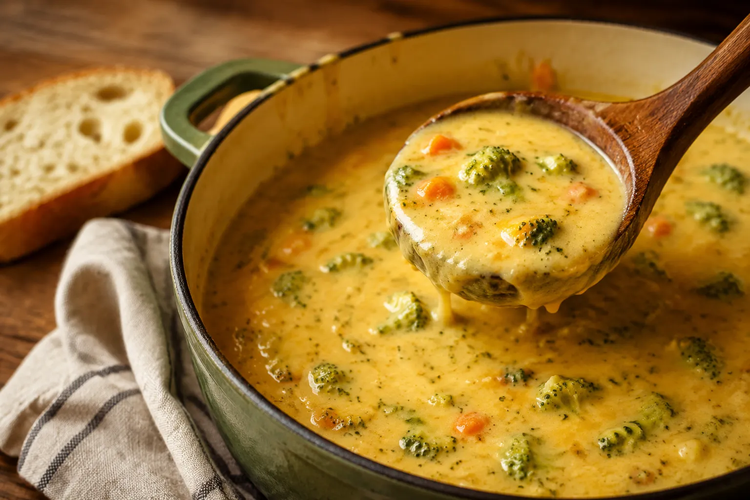 Ladle of finished copycat Panera broccoli cheddar soup lifted from a Dutch oven