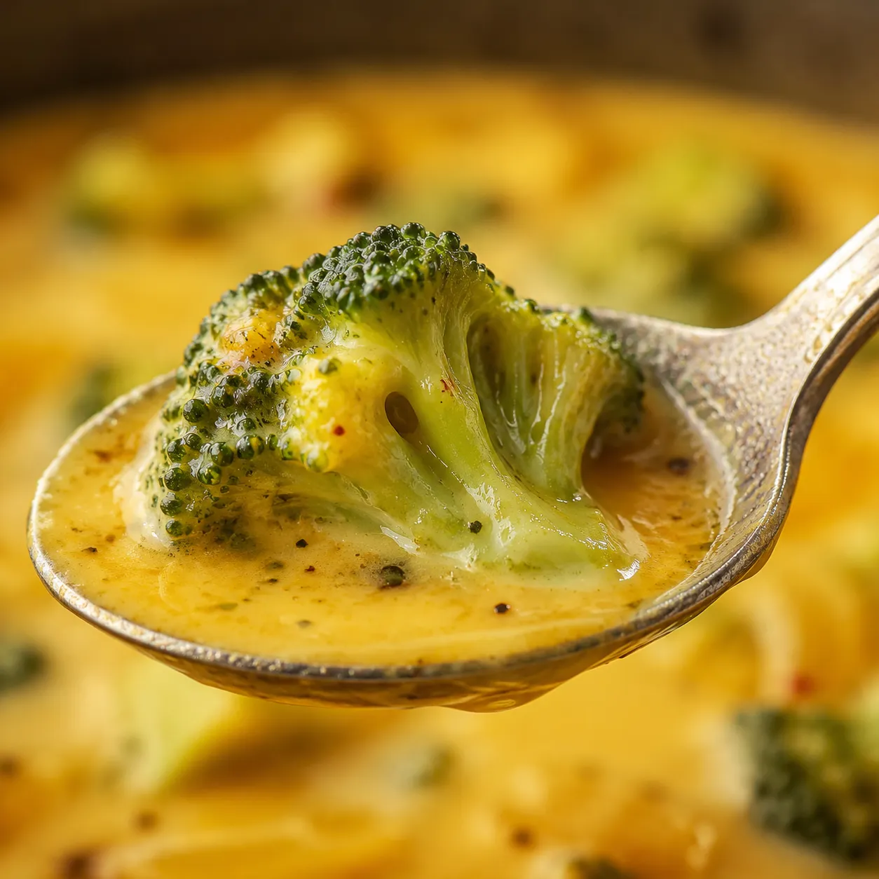 Close-up spoonful of creamy broccoli cheddar soup with tender broccoli floret