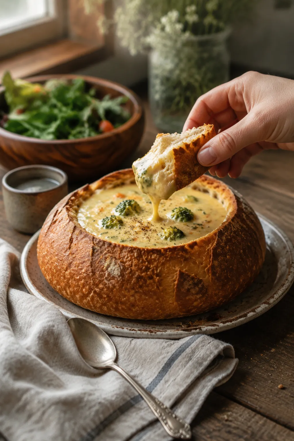 Serving copycat Panera broccoli cheddar soup in a sourdough bread bowl with crusty bread