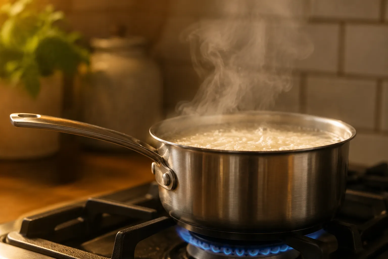 White rice simmering in saucepan following white rice cooking instructions