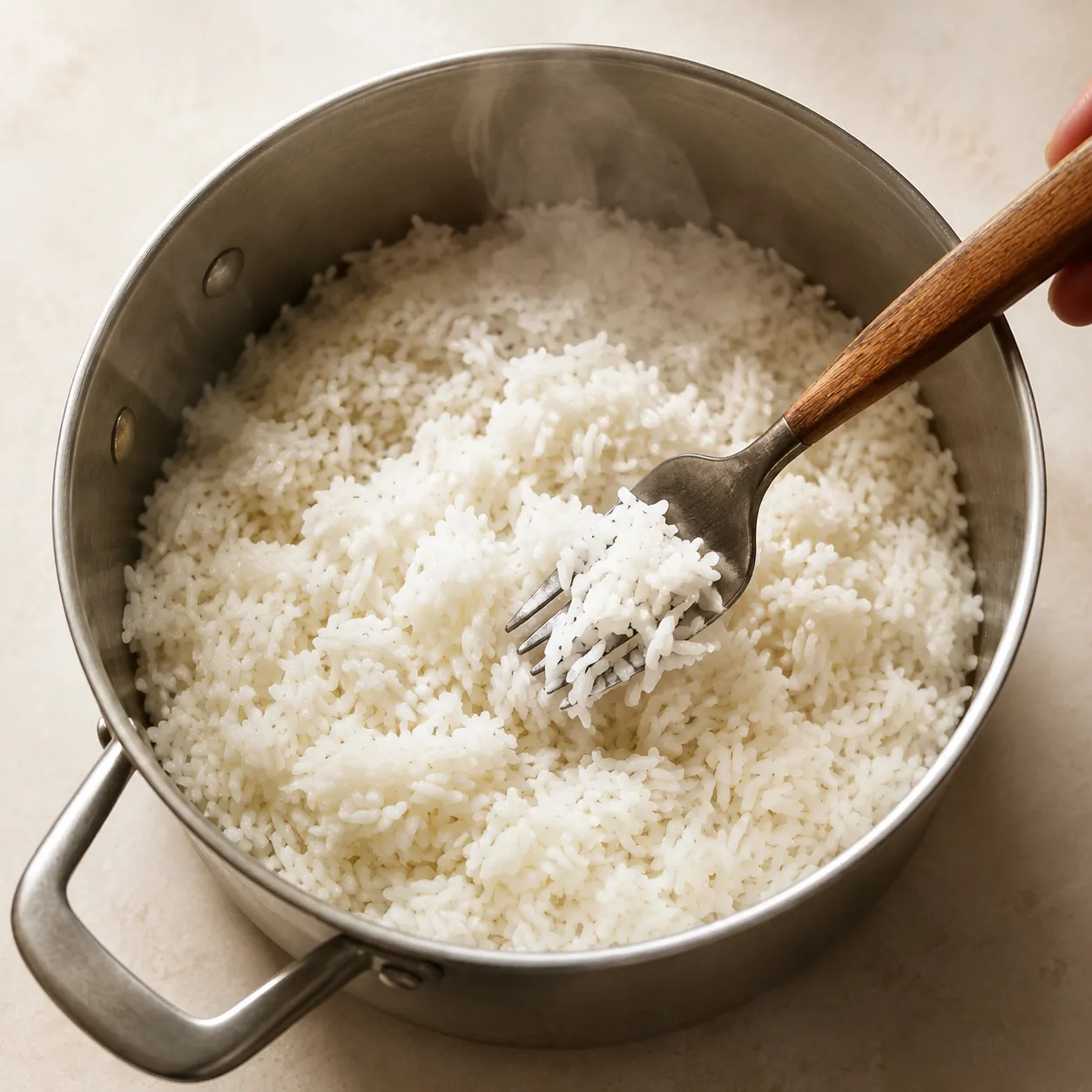 Fluffing fluffy white rice with a fork after resting