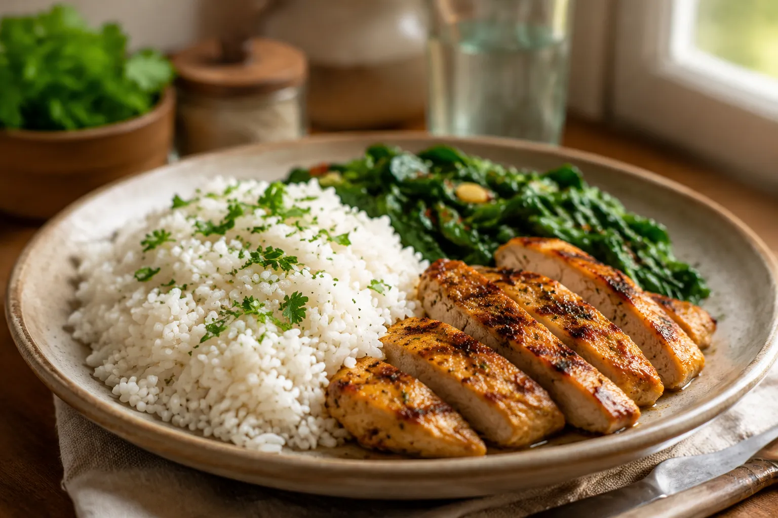 Plated white rice recipe served with chicken and greens