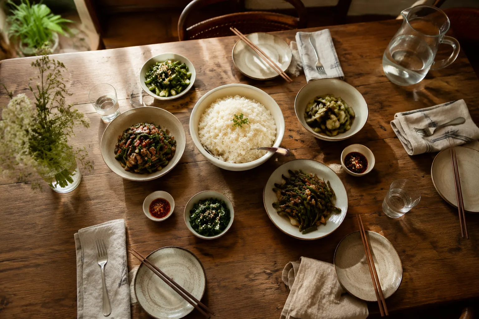 White rice recipe served family style with simple side dishes