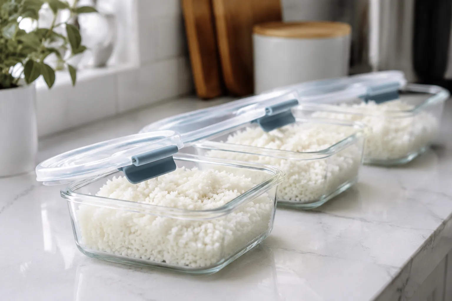 Cooked white rice stored in glass meal prep containers for the fridge