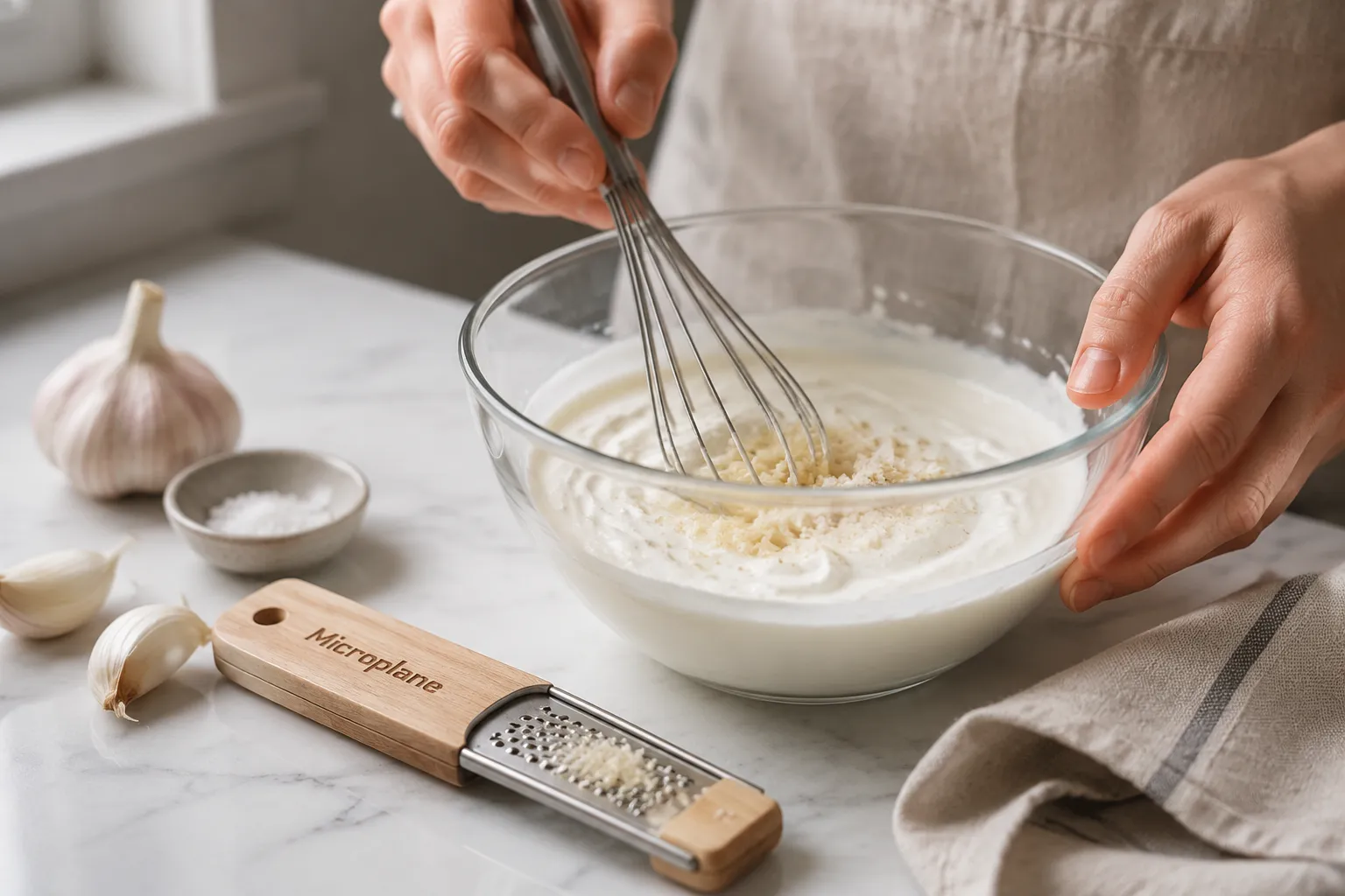 Whisking grated garlic into Greek yogurt for Turkish eggs