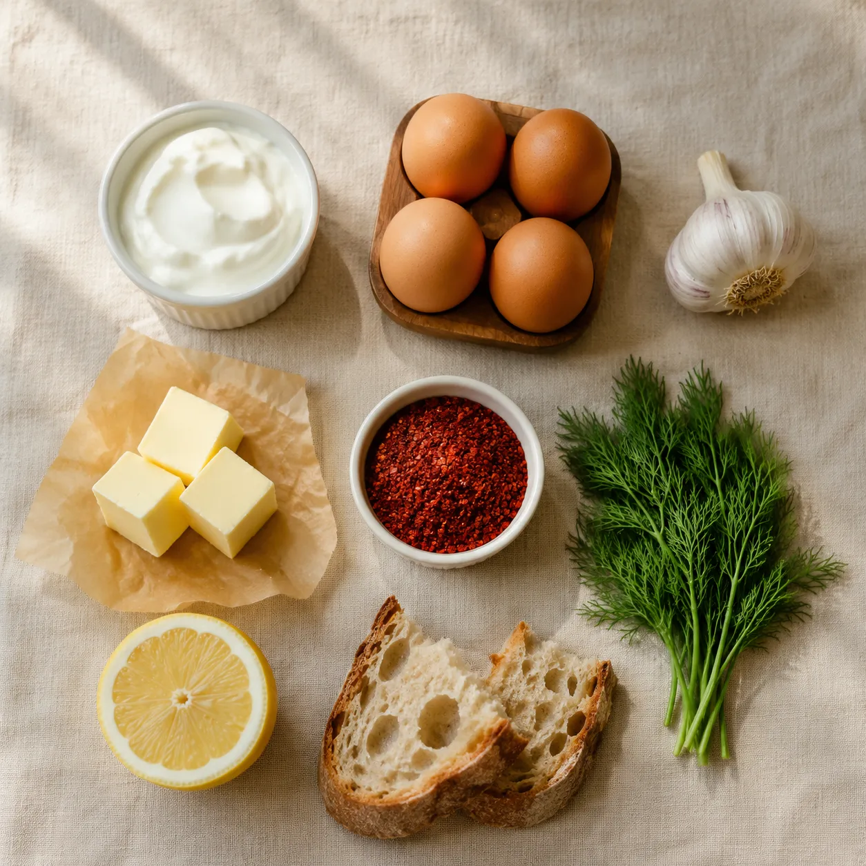 Turkish eggs ingredients flatlay with Greek yogurt, eggs, Aleppo pepper, and dill