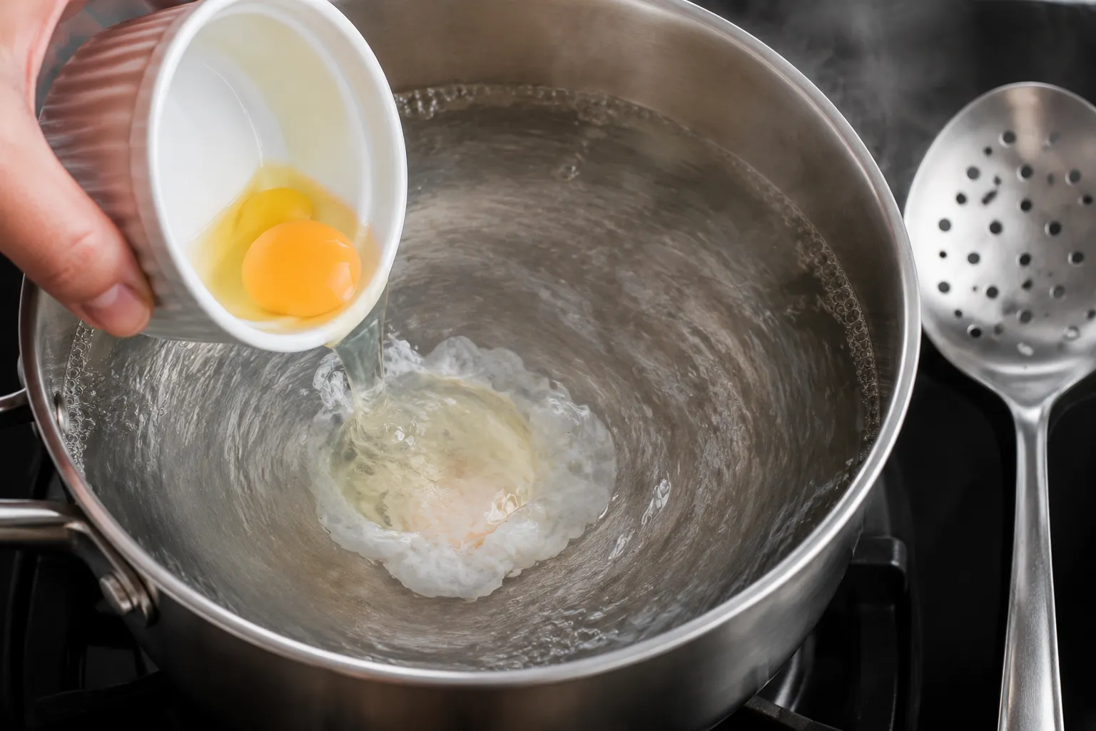 Poaching an egg in a whirlpool of water for Turkish eggs recipe