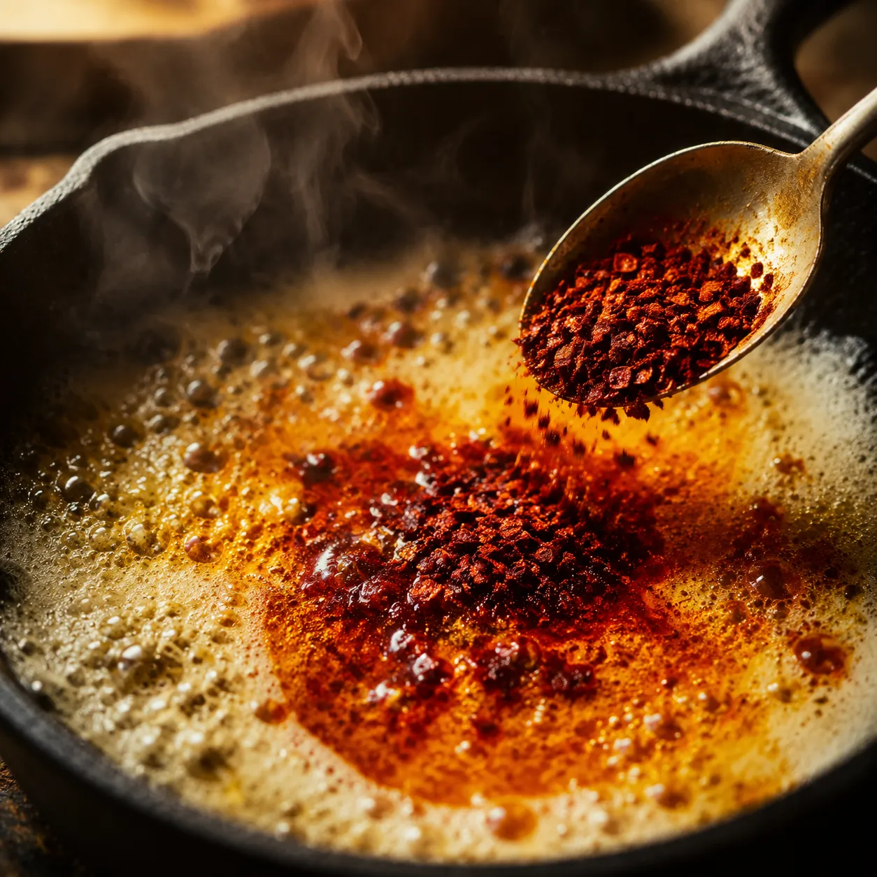 Aleppo pepper blooming in browned butter for Turkish eggs