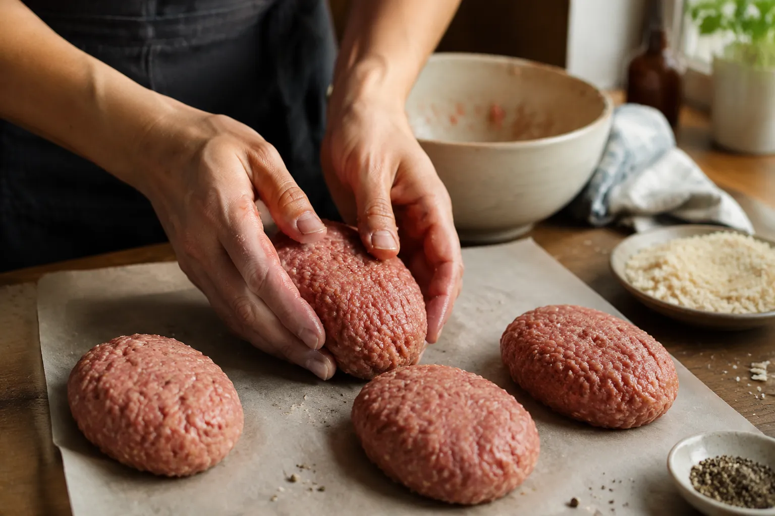 Shaping ground beef patties for hamburger steak on parchment paper