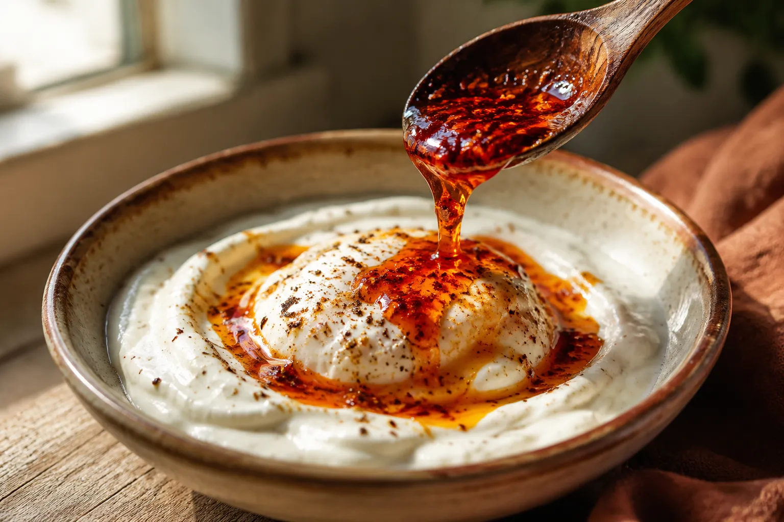 Drizzling Aleppo butter over poached eggs for Turkish eggs çılbır