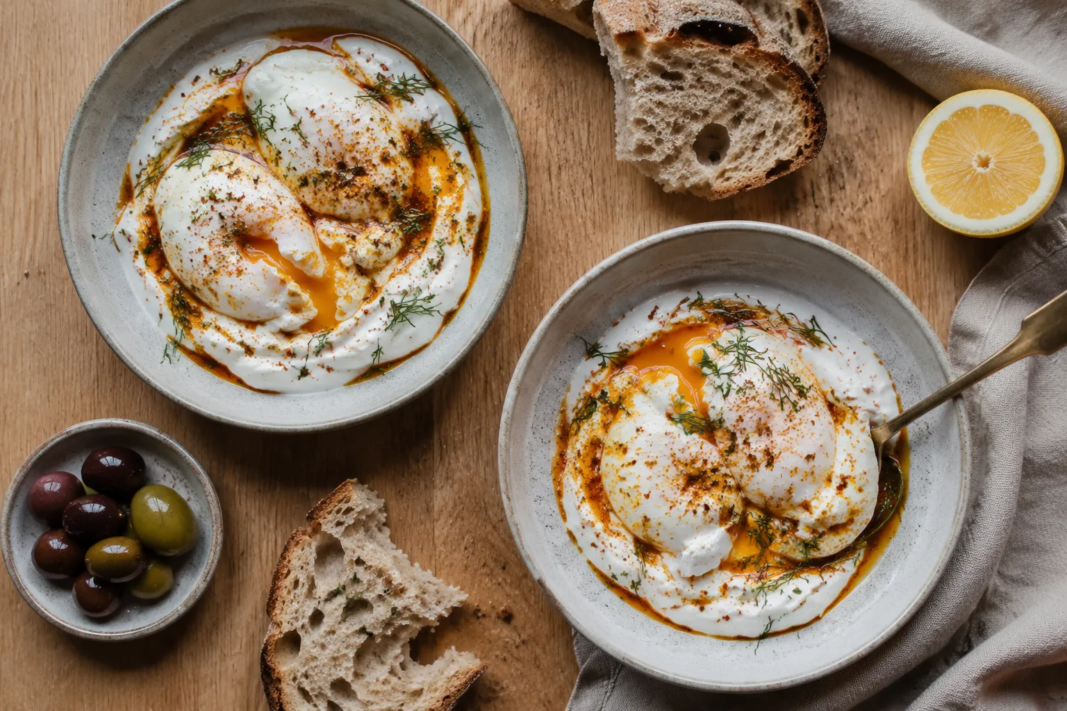 Two bowls of finished Turkish eggs with crusty bread and olives