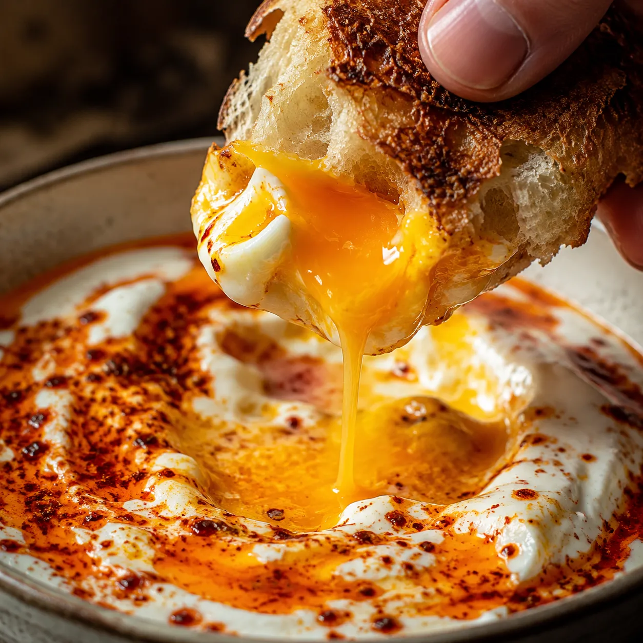 Sourdough dipped into runny yolk and garlic yogurt of Turkish eggs