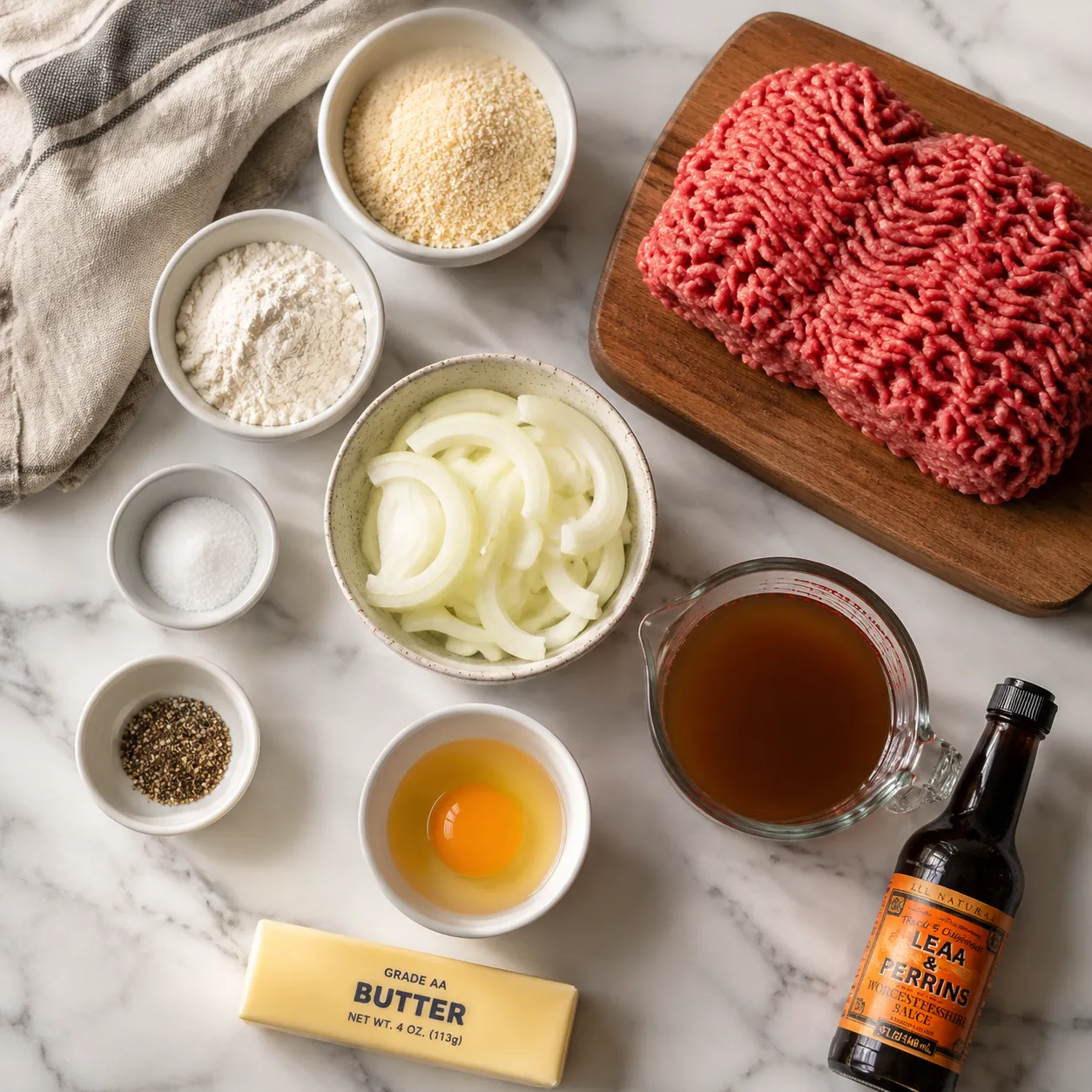 Hamburger steak recipe ingredients flatlay including ground beef, onions, and seasonings