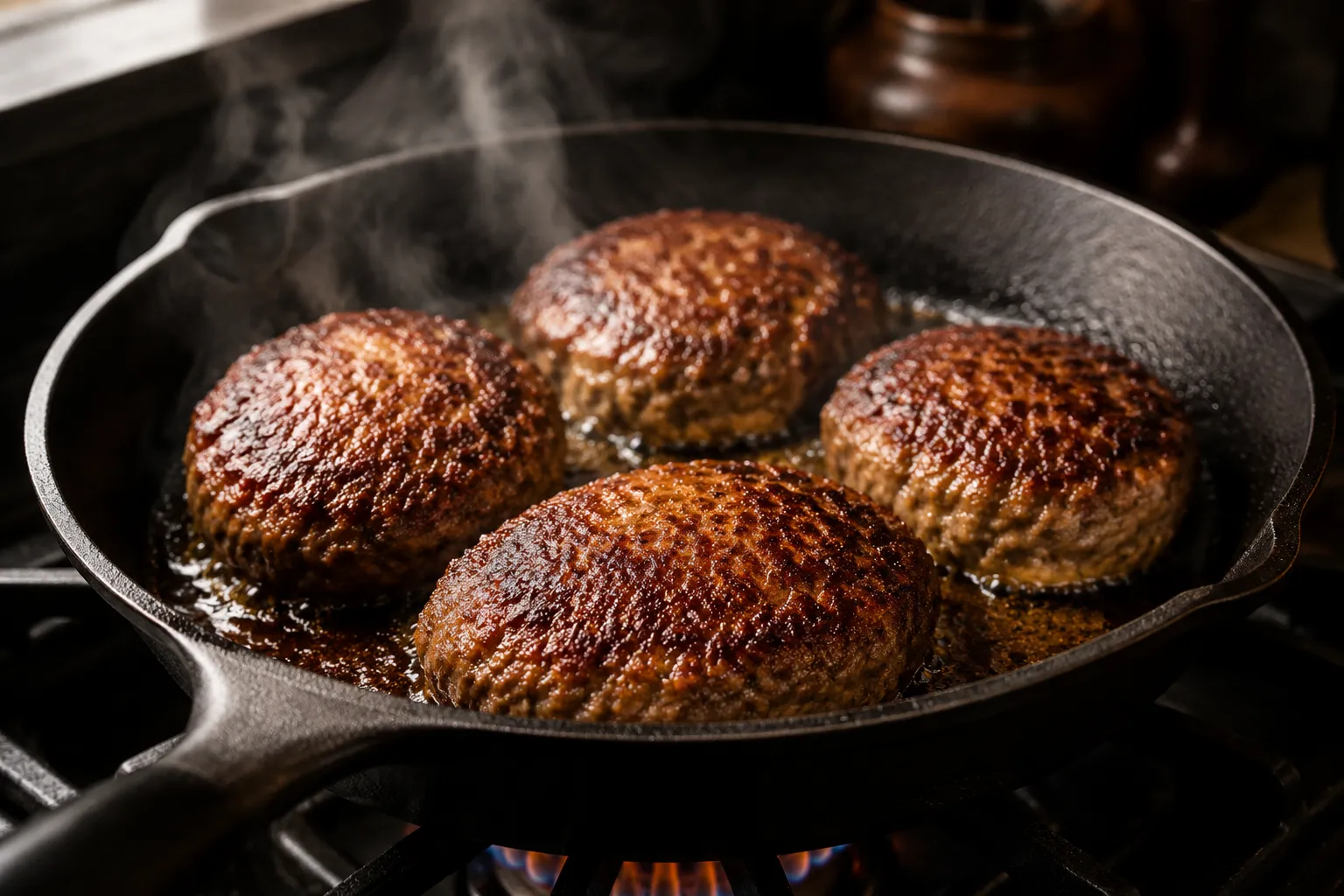 Searing hamburger steak patties in a cast-iron skillet