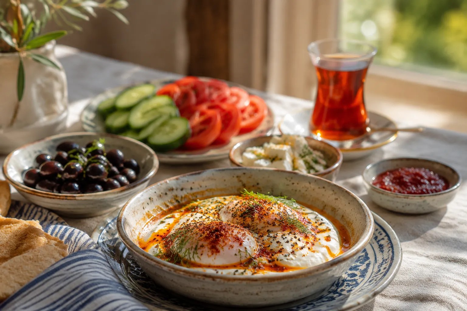 Turkish eggs served as part of a Mediterranean breakfast spread with tea and olives