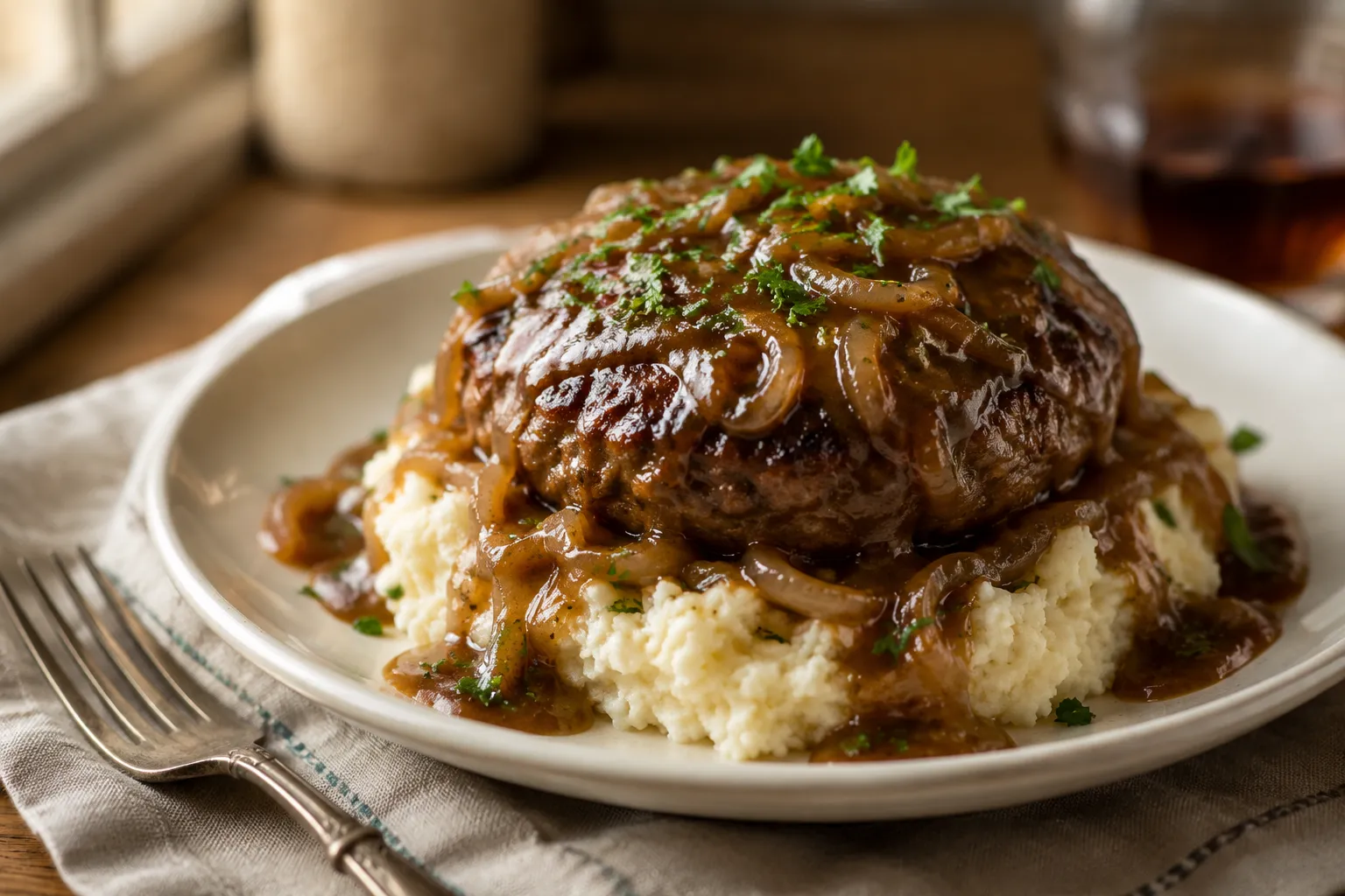 Plated hamburger steak with onion gravy over mashed potatoes